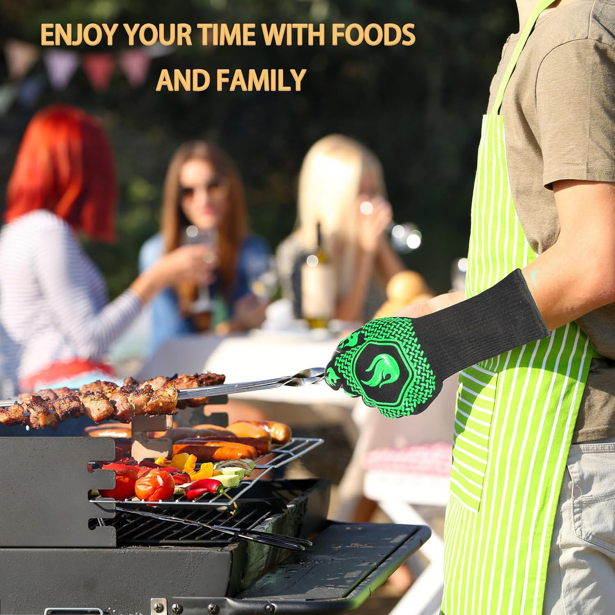 BBQ Fireproof Gloves, Grill Cut-Resistant Gloves 1472°F Heat Resistant Gloves, Non-Slip Silicone Oven Gloves, Kitchen Safe Cooking Gloves for Oven Mitts,Barbecue,Cooking, Frying,13.5 Inch-Green