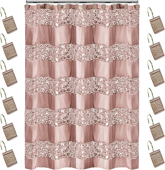 Zahari Home 13pc Sinatra Bathroom Shower Curtain Set - Blush Luxury Fabric With 12 Hooks - Unique Design Bling