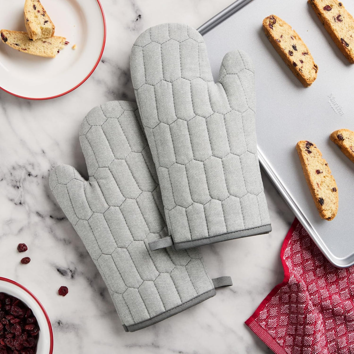 MARTHA STEWART Honeycomb Quilted Chambray Oven Mitt 2-Pack Set, 100% Cotton, Heat Resistant, Flexible Grip, Grey, 7"x13"