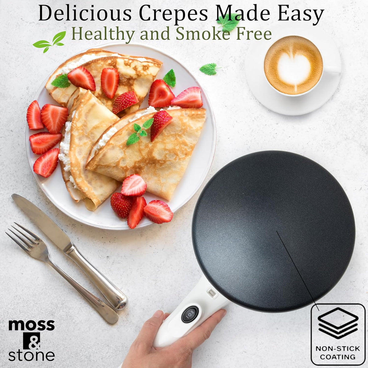Moss & Stone Cordless Electric Crepe Maker With Auto Power Off, On/Off Switch & Dual Temperature Setting, 8 Inch Portable Crepe Maker & Non-Stick Dipping Plate, Nonstick Ceramic Coating Pan