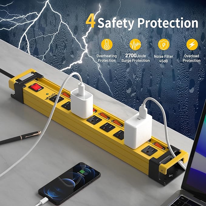 Plug'n 8 Outlet Long Power Strip,2700J Surge Protector with Individual Switches,Wide Spaced,Heavy Duty Power Strip with 6FT/14AWG/15A Power Cord and Flat Plug for Workshop,Garage,Industrial,Home