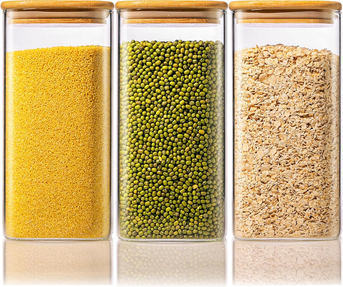 57oz - 3 Pack Square Glass Jars with Bamboo Lids, Glass Food Storage Containers with Airtight Lids for Kitchen, Air Tight Pantry Storage Containers for Cereal, Pasta, Rice, Sugar, Coffee, Spice