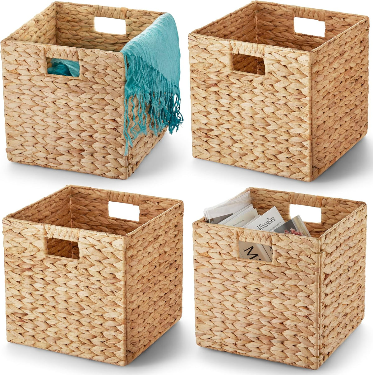 BLUEWEST Water Hyacinth Storage Basket (Set of 4) Woven Hyacinth Storage Basket, Laundry Water Hyacinth Bin for Organizing with Carrying Handles, Rattan for Shelves