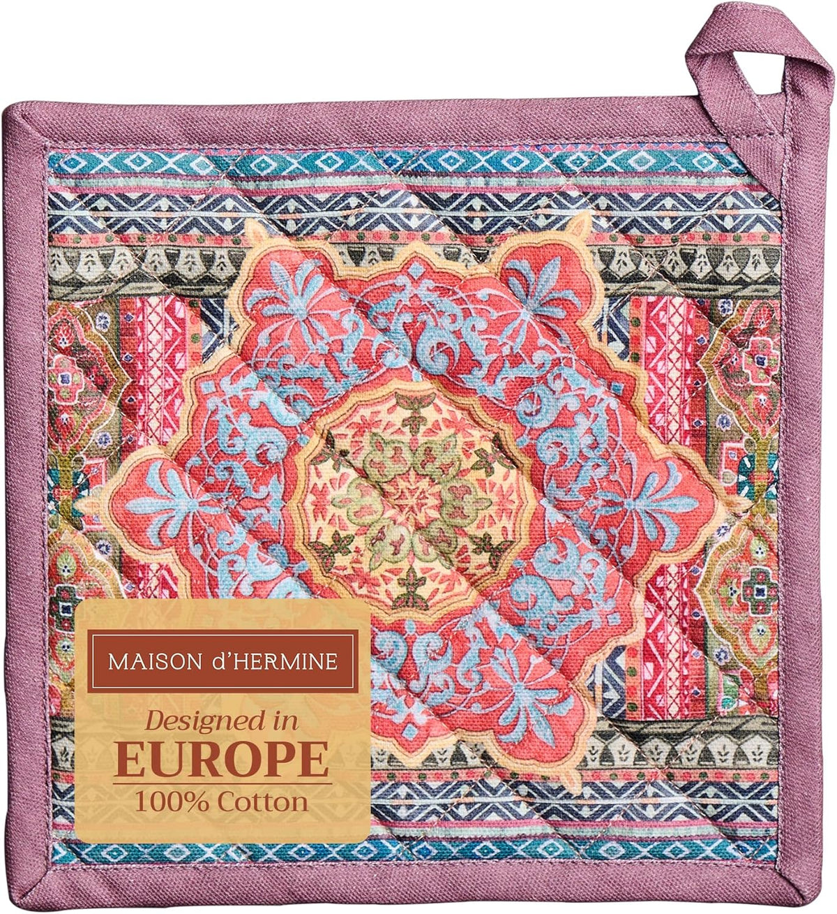 Maison d' Hermine Pot Holders 100% Cotton Heat Resistant Potholders 8" x 8" Hot Pads with Loop BBQ, Cooking, Baking, Grilling, Kitchen, Handling Hot Pans (Pack of 1, Ispahan)