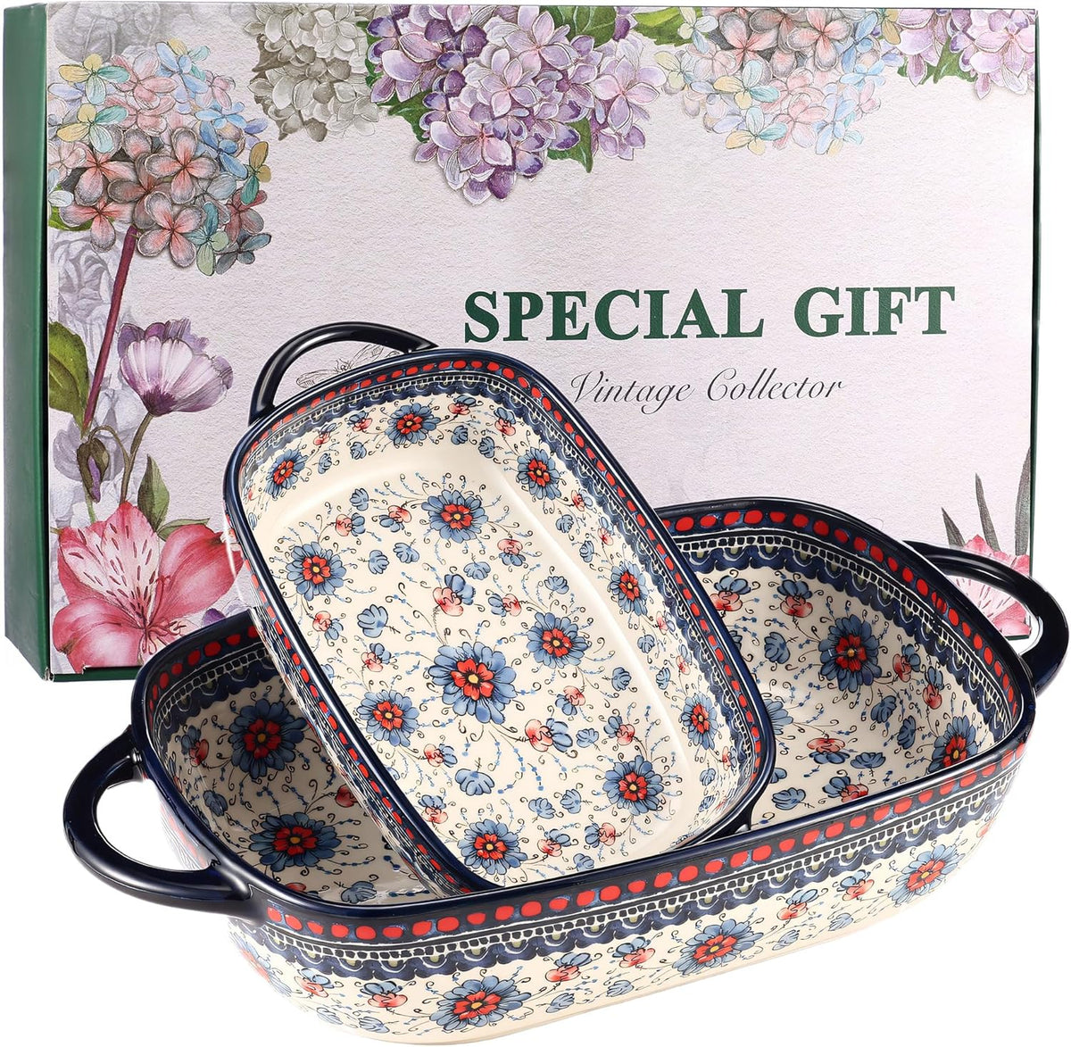 Polish Pottery Style Ceramic Baking Dish Set of 2 – Decorative Casserole Dishes with Handles, Cute Oven-Safe Lasagna Bakeware Gift Set