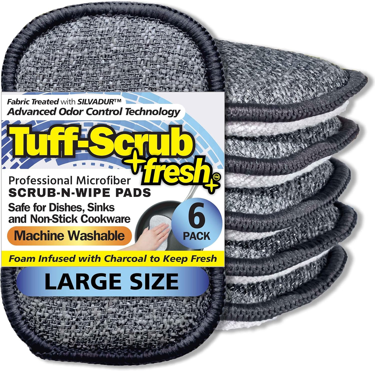 Fresh Scrub-N-Wipe Pad by Tuff-Scrub, 6-Pack, Antimicrobial & Charcoal Foam for Odor Control, Microfiber, Multi-Surface, Non-Scratch, Dual-Sided, Machine Washable, Kitchen Sponge (Large)
