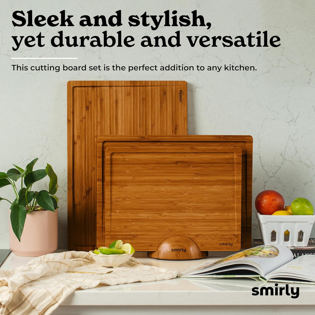 SMIRLY Wood Cutting Boards for Kitchen Wooden Chopping Board Set Reversible with Deep Juice Grooves Grip Handles, Large Charcuterie Tray, New Apartment Essentials, Carbonized Bamboo, 3Pcs with Holder