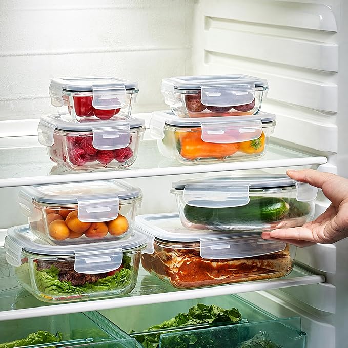 Sorbus 16pc Glass Meal Prep Containers Set – 4 Square and 4 Round Food Storage Containers with Airtight Lids – Freezer, Dishwasher, Oven Safe – Reusable Glass Containers for Meal Prep and Storage
