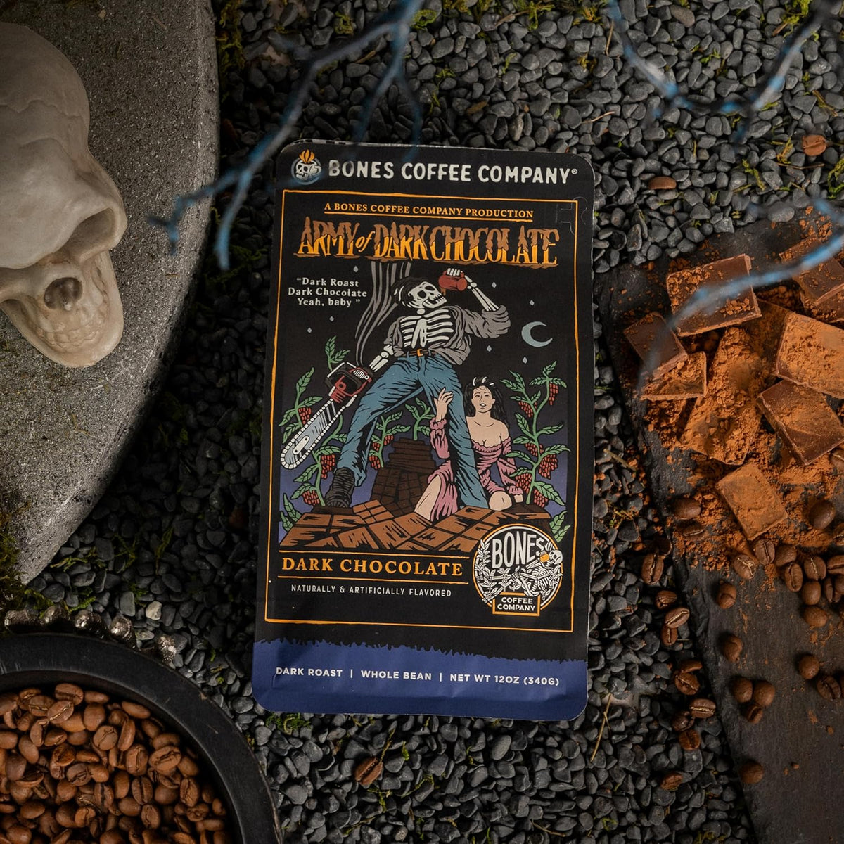Bones Coffee Company Army of the Dark Chocolate Flavored Coffee, Medium Roast Low Acid Arabica Beans Compatible with Auto drip and French Press Coffee Maker, 12 Oz Whole Bean