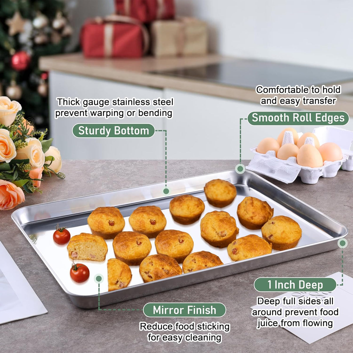 Baking Sheet with Wire Rack, Homikit 16" x 12" Stainless Steel Cookie Sheet Bacon Pan for Oven, Nonstick Jelly Roll Pan Baking Tray with Grid Cooling Rack Set for Cooking Roasting, Dishwasher Safe