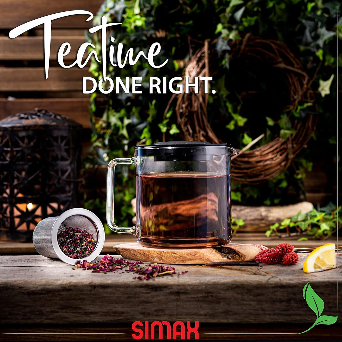 Simax Glassware 1 Quart Teapot with Metal Mesh Infuser | Plastic Lid, Microwave and Stovetop Safe, Heat, Cold, and Thermal Shock Resistant Borosilicate Glass, Makes a Stunning Presentation