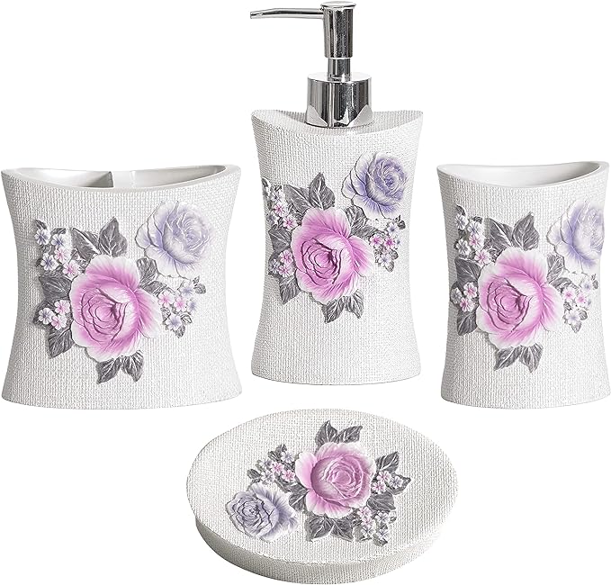 Zahari Home 4pc Michelle Bathroom Accessories Sets Lotion Pump, Tumbler, Tooth Brush Holder and Soap Dish Unique Design Floral Bathroom Set