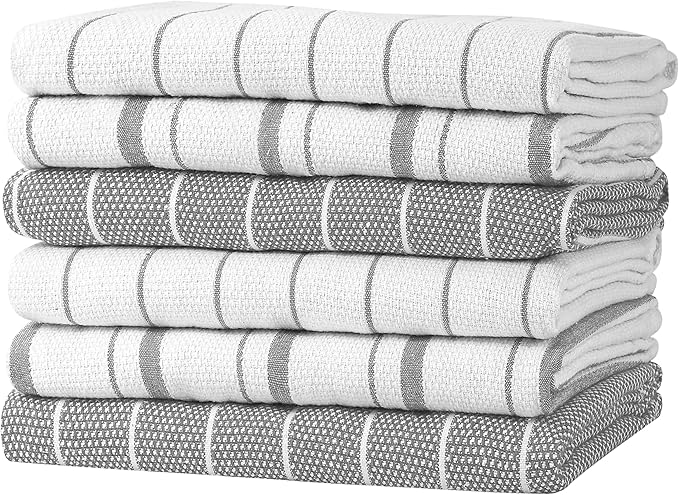 Zeppoli Classic Kitchen Towels - 6 Pack 100% Natural Cotton Towel Set, Reusable Wash Cloths, Absorbent Dish Towels, Machine Washable Hand Towels, Kitchen Essentials, 20” x 28” - Gray VAR