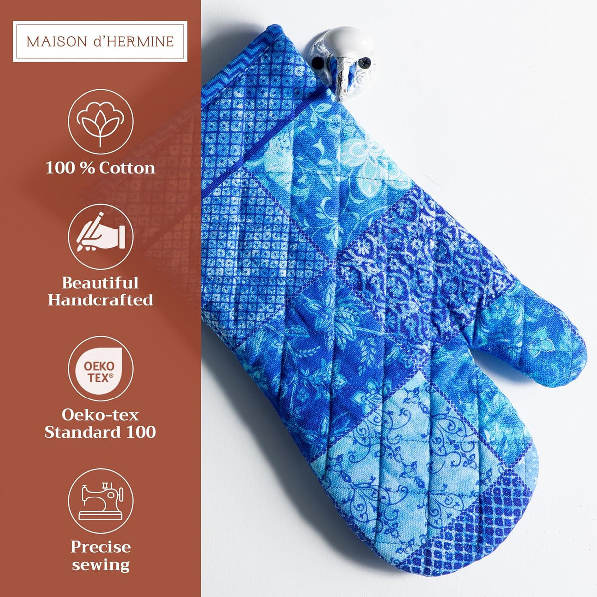 Maison d' Hermine Oven Gloves 100% Cotton Oven Mitt 7" x 13" with Loop Heat Resistant, BBQ, Cooking Gloves, Baking, Grilling, Kitchen, Handling Hot Pans Spring/Summer (Pack of 1, Indigo Love)