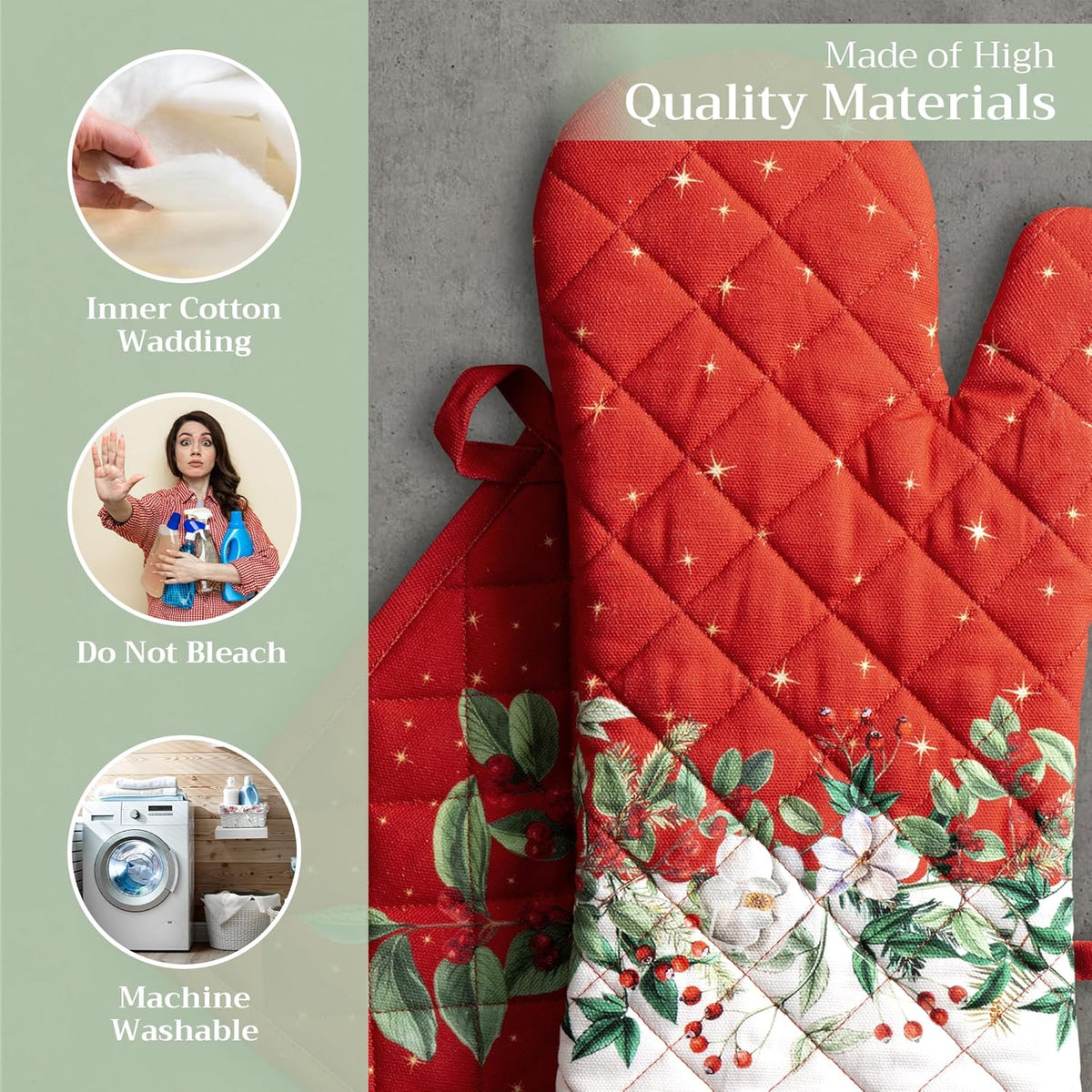 Maison d' Hermine 100% Cotton Oven Mitt & Pot Holder Set (7.5"x13" & 8"x8") Heat Resistant BBQ Cooking Gloves with Loop, Baking, Grilling, Kitchen, Handling Hot Pans (Noel)