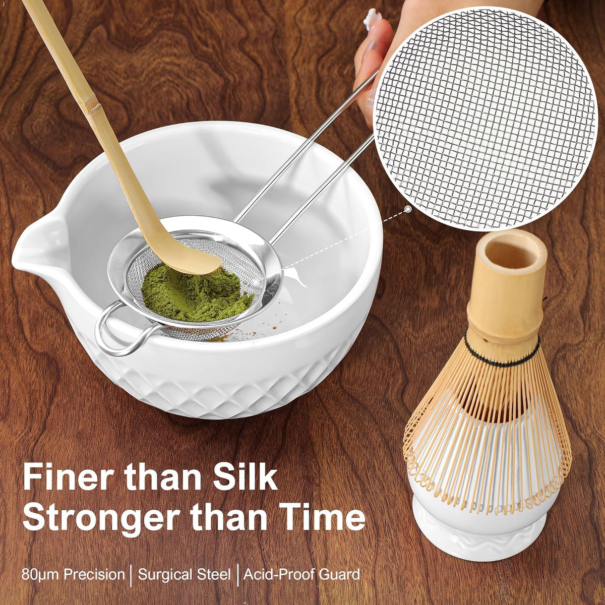 Matcha Whisk Set, 7 Pcs Matcha Kit, Ceramic Matcha Set Includes Matcha Bowl with Spout, Matcha Whisk and Holder, Bamboo Scoop, Scoop Rest, Sifter and Tea Towel (Ceramic White)