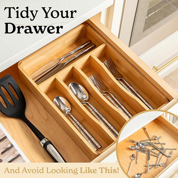 SMIRLY Silverware Drawer Organizer – Bamboo Kitchen Drawer Organizer, Adjustable Utensil Holder and Cutlery Tray, Drawer Dividers for Flatware and Kitchen Utensils