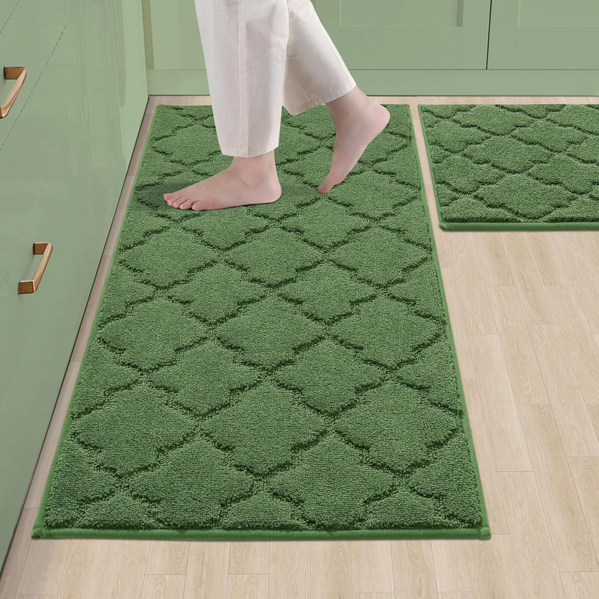 COSY HOMEER Soft Kitchen Rugs [2 PCS] for in Front of Sink Super Absorbent Kitchen Floor Mats and Mats 20x30 Inch/20X48 Non-Skid Kitchen Mat Standing Mat Washable,Polyester,Green