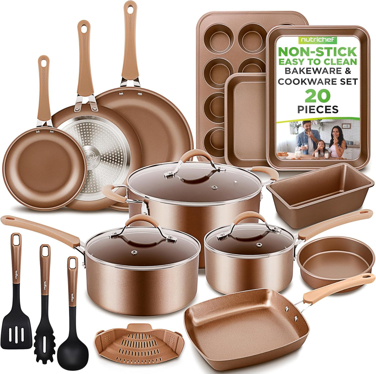 Nutrichef 20 Piece Professional Home Kitchen Cookware and Bakeware, Pots and Pans Set Non Stick Kitchenware, Cool-Touch Handles, Non Toxic, Safe for Gas, Electric, Induction Cooktops, Easy Clean