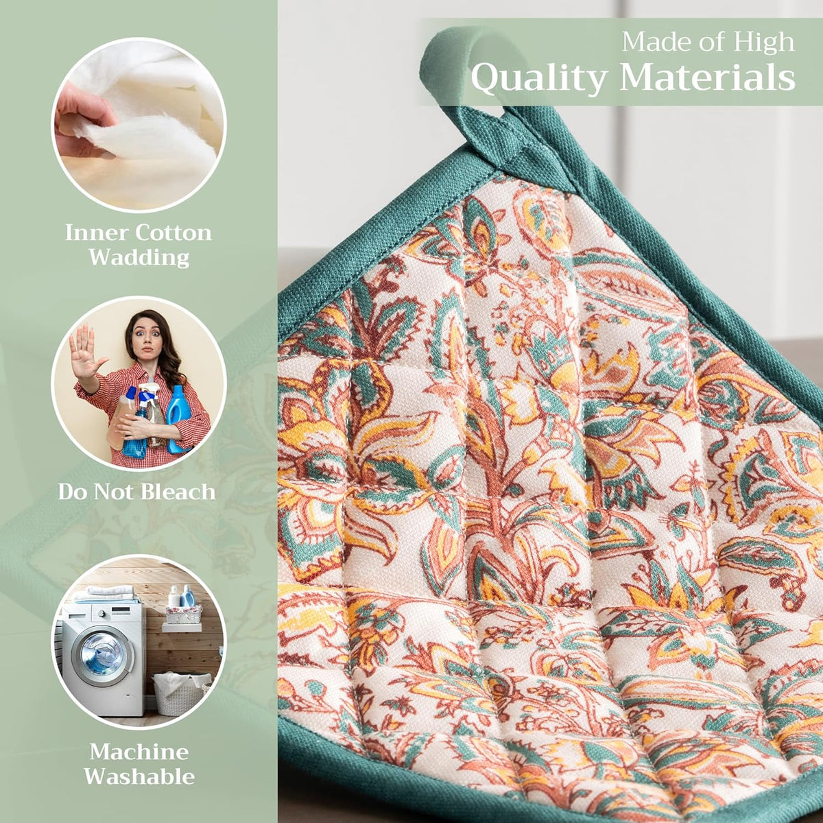 Maison d' Hermine Pot Holders 100% Cotton Heat Resistant Potholders 8" x 8" Hot Pads with Loop BBQ, Cooking, Baking, Grilling, Kitchen, Handling Hot Pans (Pack of 1, Nila)