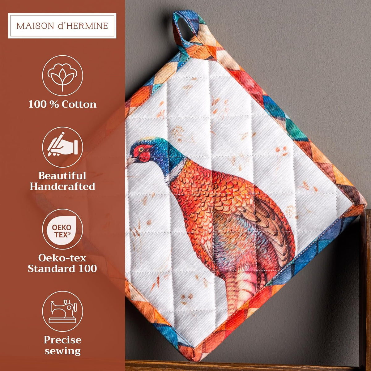 Maison d' Hermine Pot Holders 100% Cotton Heat Resistant Potholders 8" x 8" Hot Pads with Loop BBQ, Cooking, Baking, Grilling, Kitchen, Handling Hot Pans (Pack of 1, Faisan D'Automne)