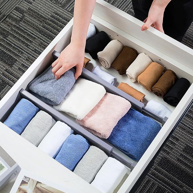 Utoplike Bamboo Drawer Dividers Large, Gray Kitchen Drawer Organizers Adjustable, Spring Loaded, Works in Dresser, Bathroom, Bedroom, Desk, 4 pcs, 2.4" H