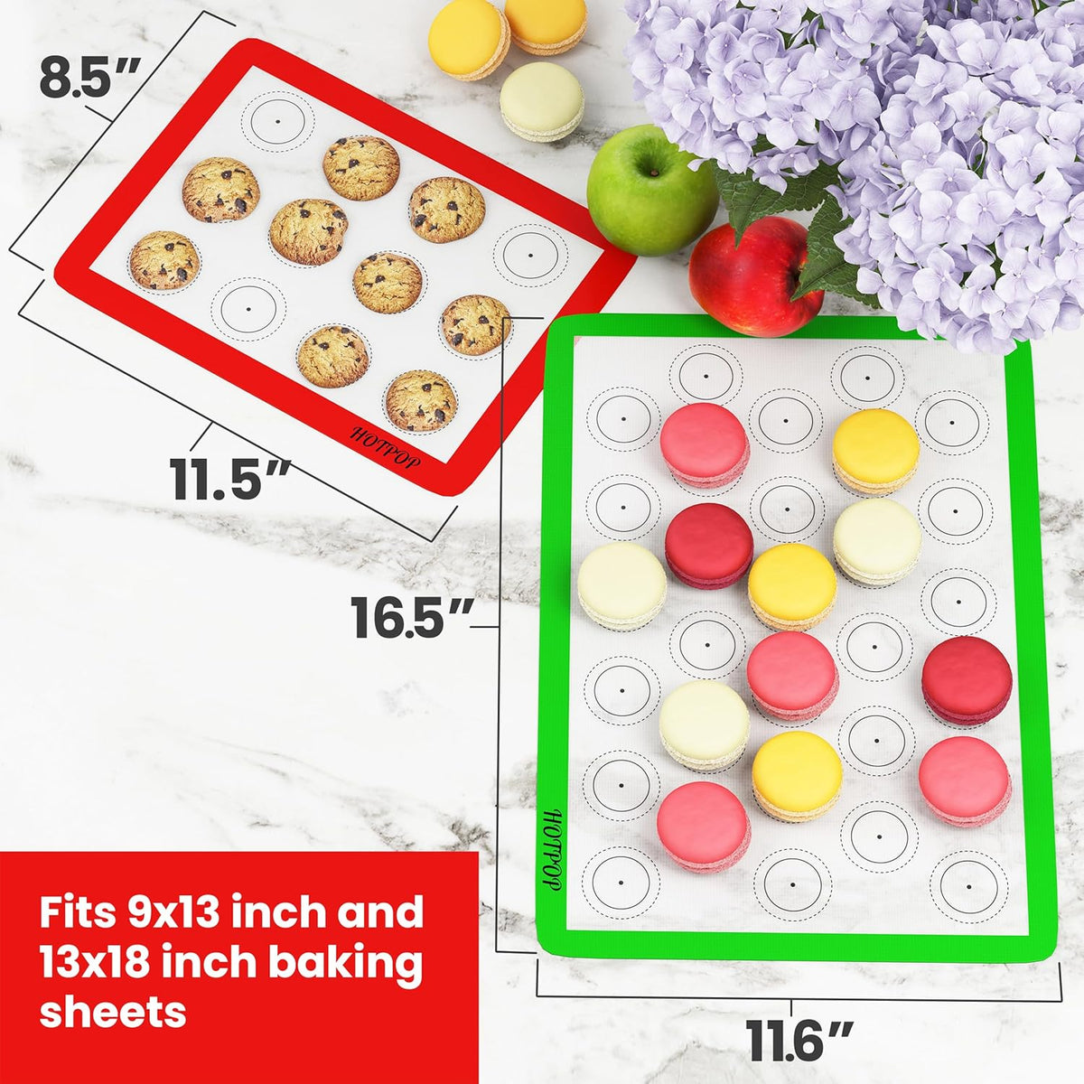 HOTPOP | Reusable Macaron Cookie Sheet, Non Stick Baking Mats, 0.75mm (2 Half Sheets , 2 Quarter Sheets), Set of 4
