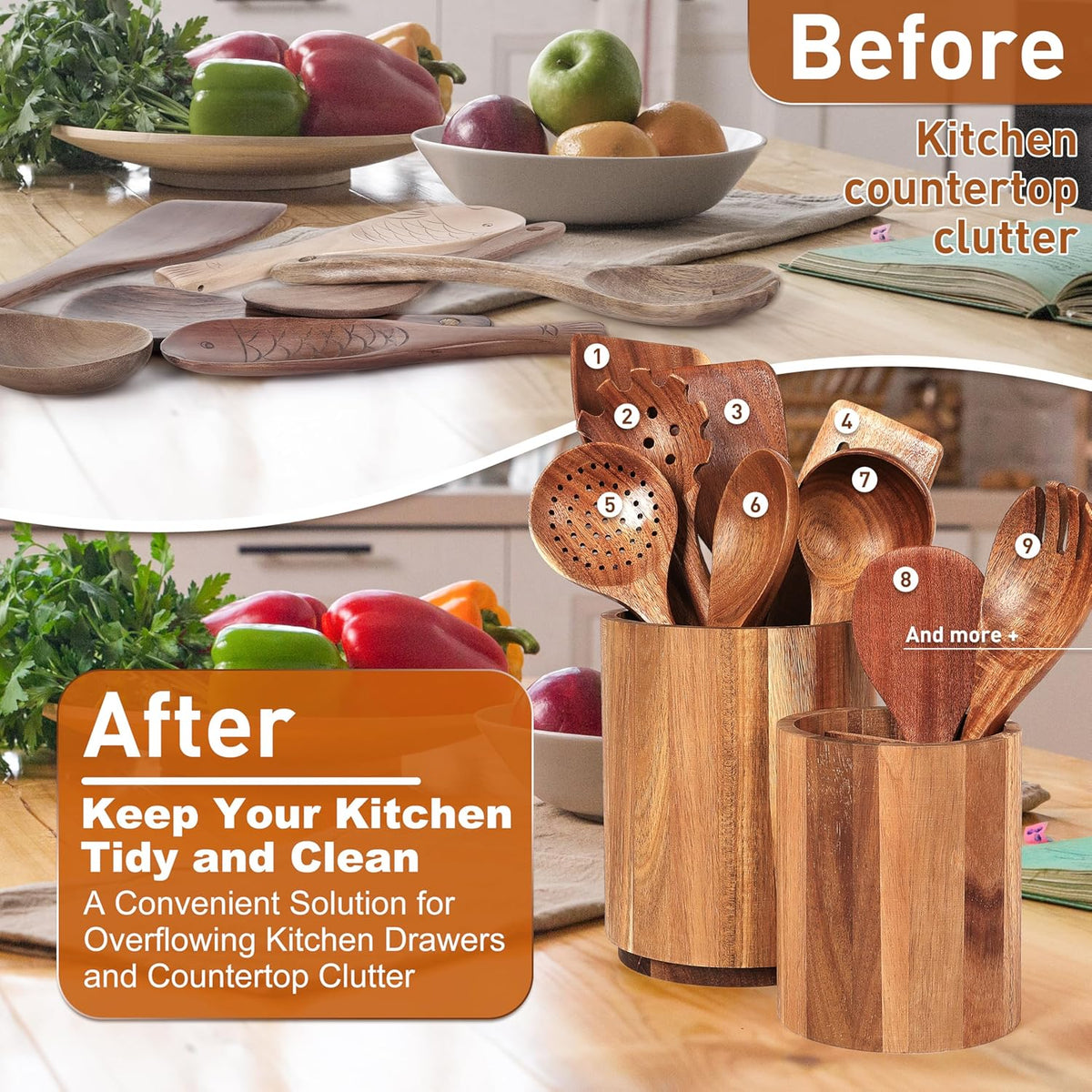 Utensil Holder for Kitchen Countertop: 360° Rotating Wooden Utensil Crocks - Farmhouse Cooking Spoons Organizer