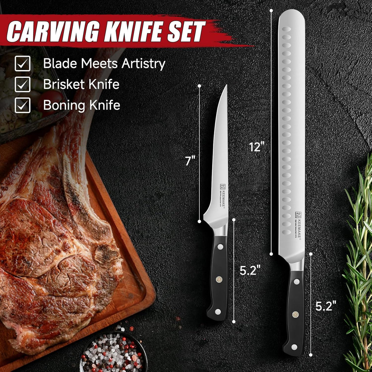 KEEMAKE BBQ Carving Knife Set, Brisket Knife and Boning Knife for Meat Cutting, High Carbon Stainless Steel Sharp Knives Set for Kitchen, Carving Knives for Roast Meat Ham Turkey