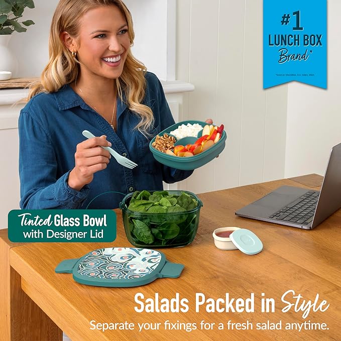 Bentgo Glass Prints All-in-One Salad Container - 61oz Tinted Glass Salad Bowl with Lid, Bento-Style Tray, Sauce Container, & Reusable Fork - Dishwasher & Microwave Safe (Floral Maximalist - Sea)