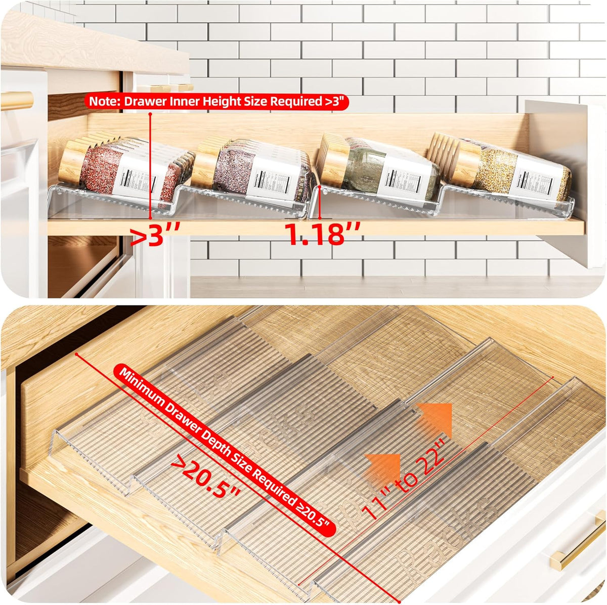 Spice Drawer Organizer, 4 Tier- 4 Pack Clear Acrylic Drawer Seasoning Organizer, Expandable From 11'' to 22'' Kitchen Spice Rack Organizers and Storage for Drawer (Jars not included)
