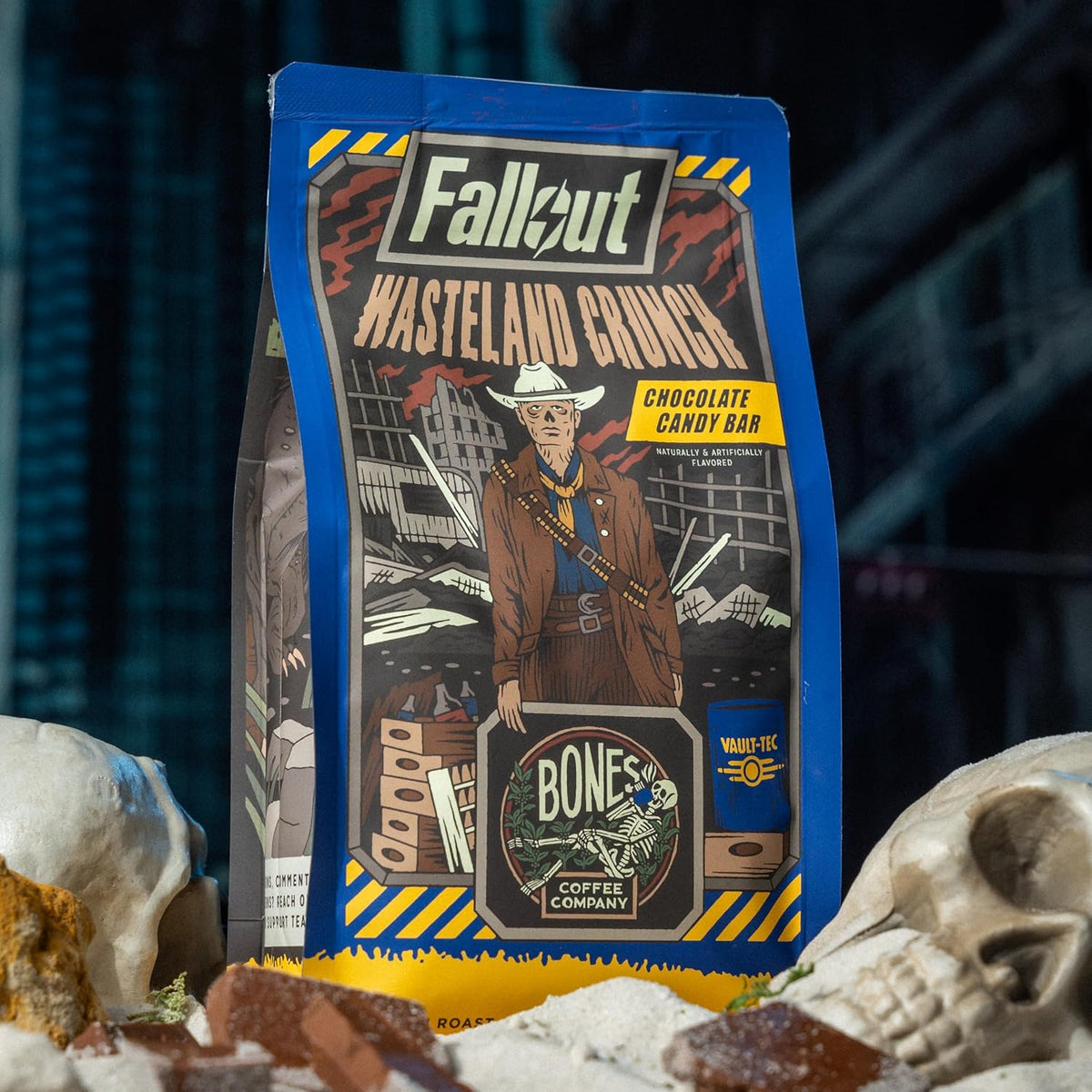 Bones Coffee Company Fallout Wasteland Crunch, Chocolate Candy Bar Flavored Coffee, Medium Roast Low Acid Arabica Beans Compatible with Auto drip and French Press Coffee Maker, 12 Oz Ground