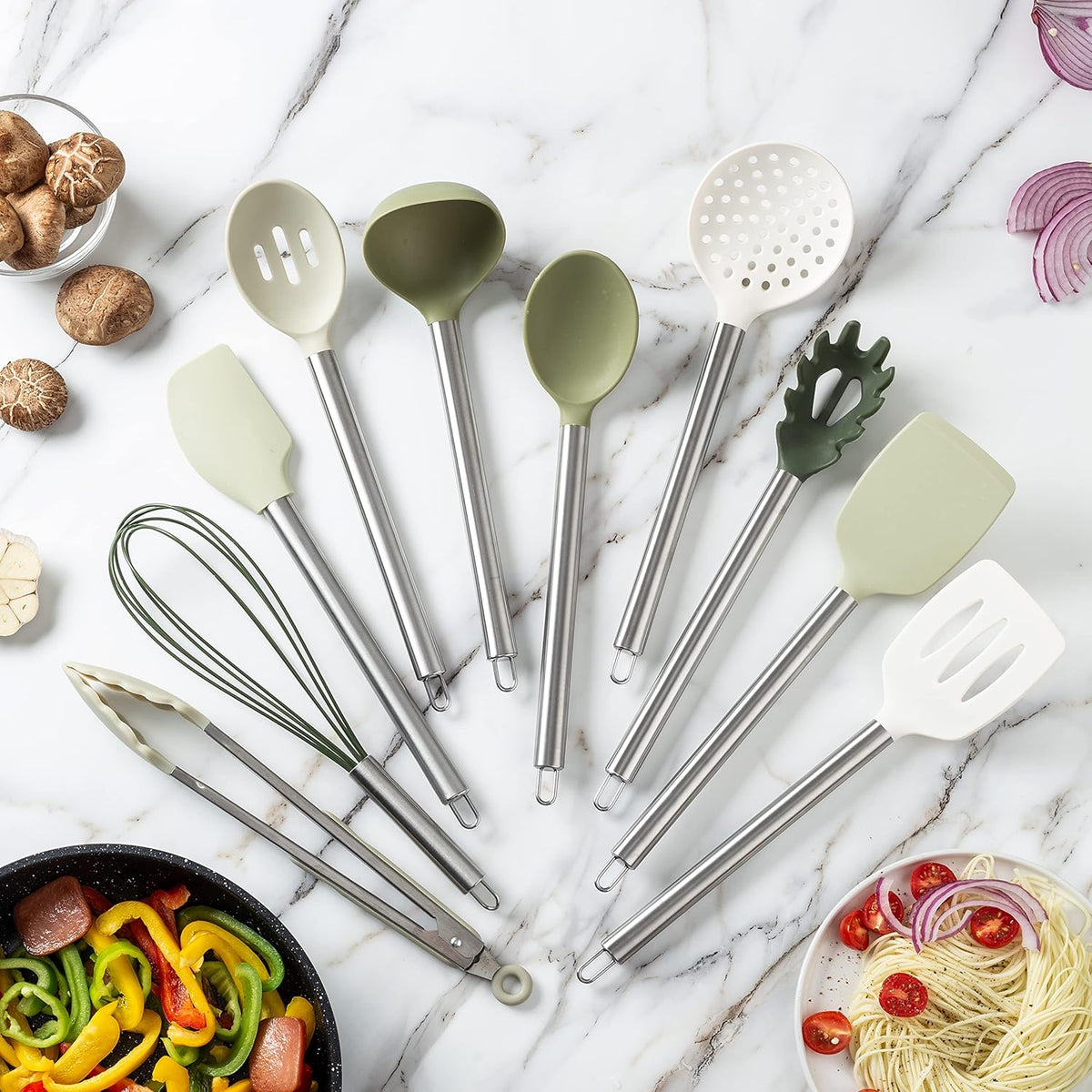COOK WITH COLOR Silicone Cooking Utensils, Kitchen Utensil Set, Easy to Clean Silicone Kitchen Utensils, Cooking Utensils for Nonstick Cookware, Kitchen Gadgets Set, 10 Pieces, Green