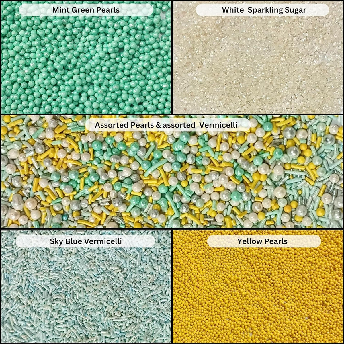 Confect Cake Sprinkles Mix Pack of 5 – Sky Blue, Yellow & White – Pearl Dragees, Jimmies, Sparkling Sugar – Baking Decorations for Cakes, Cupcakes, Cookies & Desserts- Vegan, Gluten-Free, Nut-Free, Soy-Free, Dairy-Free, Palm Oil-Free- 5 Oz