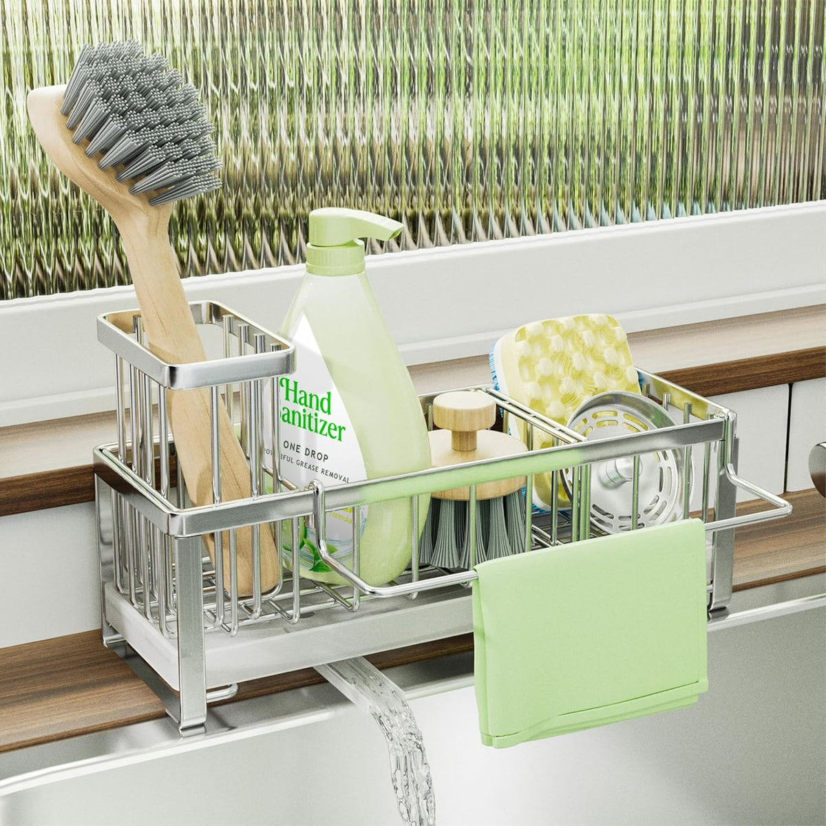 SWTYMIKI Sponge Holder for Kitchen Sink - Sink Caddy with Brush Holder Self-draining Sponge Caddy Organizer with Divider Stainless Steel Kitchen Accessories Storage for Countertop, Silver