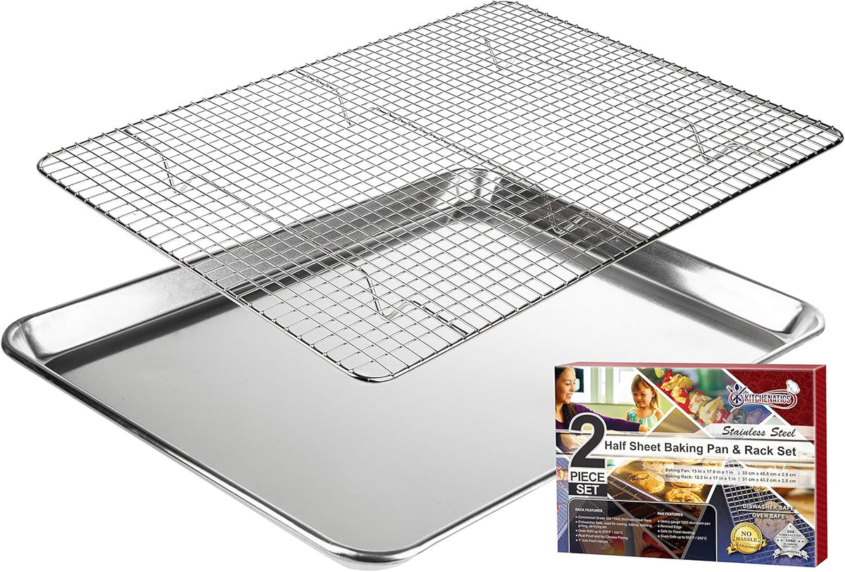 KITCHENATICS Aluminum Baking Pan Half Sheet with Grid: Baking Sheet with Wire Rack, 13 x 18 Baking Trays with Stainless Steel Wire Cooling Rack for Baking, Easy Clean, Commercial Quality, Heavy Duty