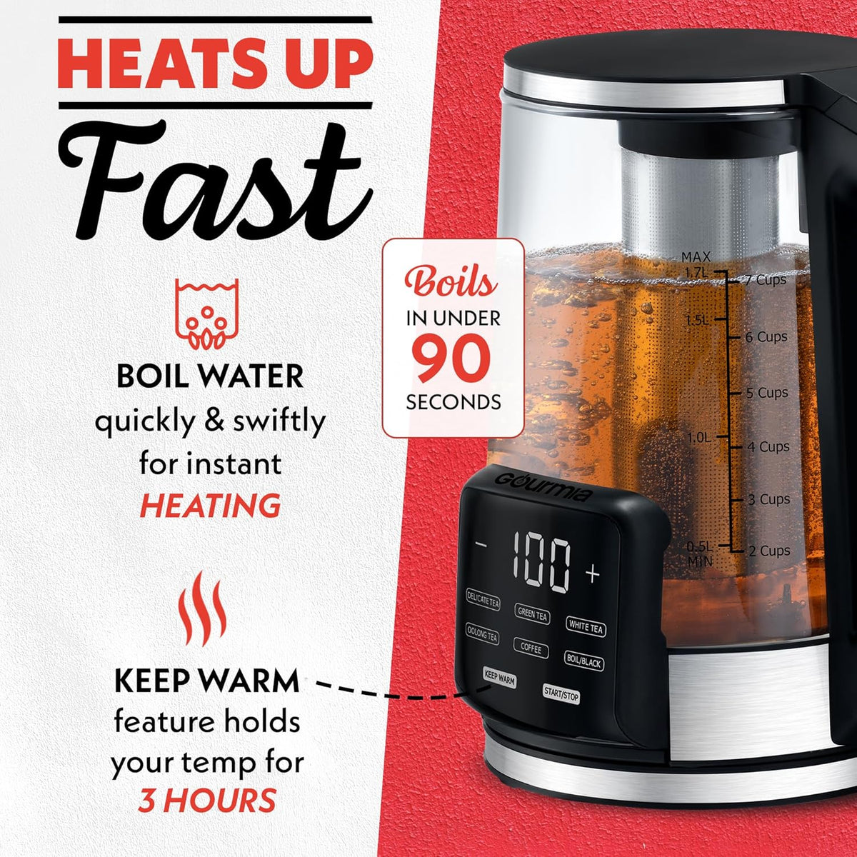 Gourmia Electric Programmable Glass Kettle – 1.7L Temperature Control Tea & Coffee Kettle with Digital Touch Display, 6 Presets, Keep Warm, Removable Stainless Steel Infuser, 360° Swivel Base – Red