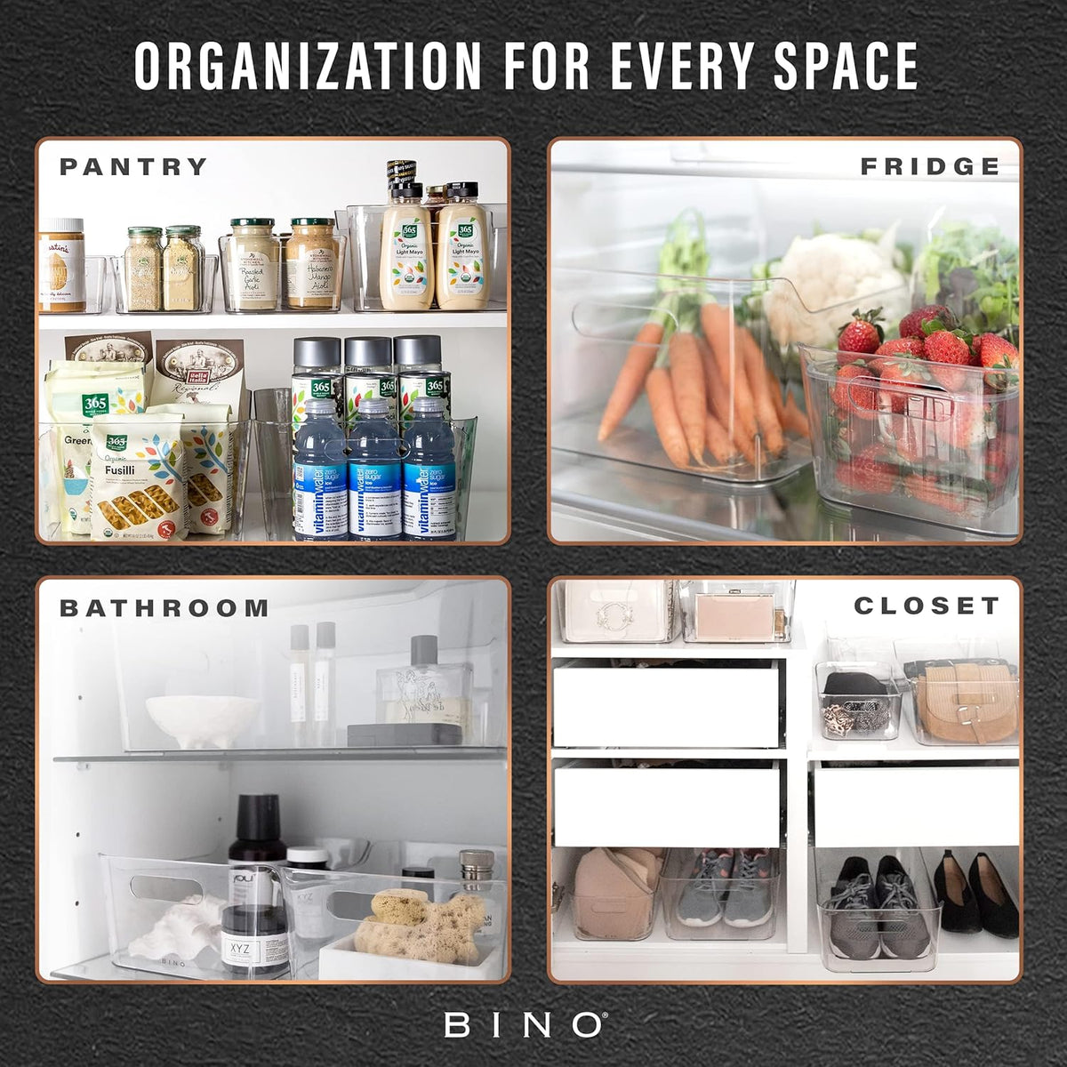 BINO | Plastic Organizer Bins, Large - 4 Pack | The SOHO Collection | Multi-Use | Pantry & Freezer Organizer Bins | Plastic Storage Containers for Home & Kitchen Org