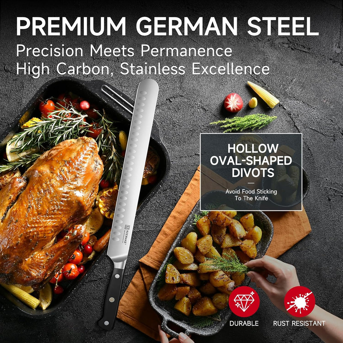 KEEMAKE Brisket Knife, 12" Carving Knife for Meat, Razor Sharp German Steel Kitchen Knives with Ergonomic Handle for BBQ Roasts Ribs Turkey Ham