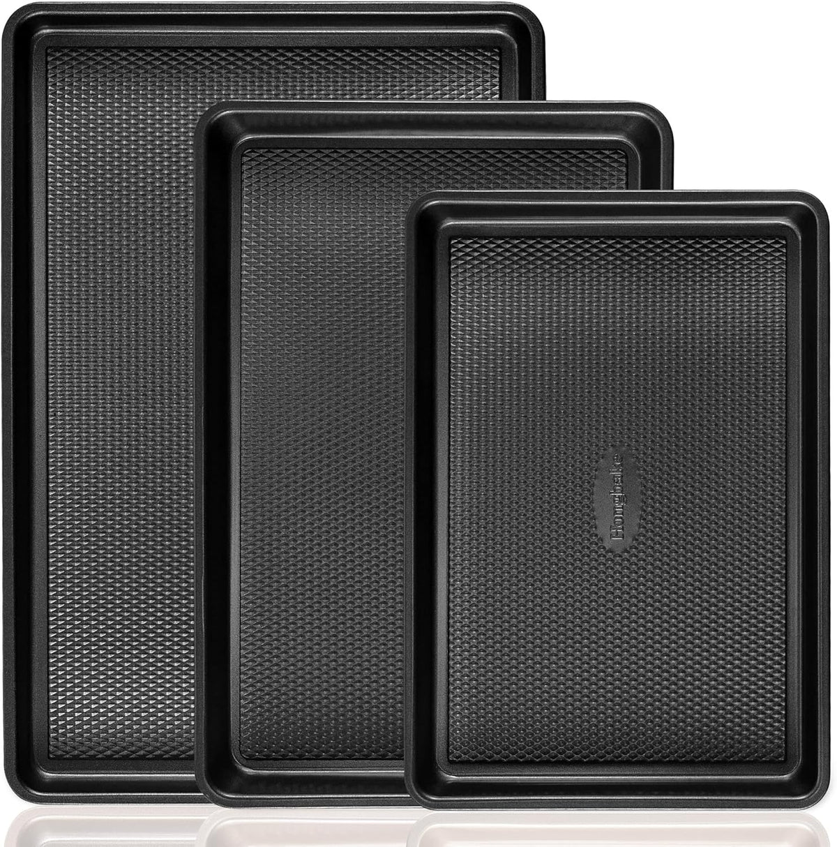 Cookie Sheets for Baking Nonstick - HONGBAKE Baking Sheet Pan Set of 3, Half/Quarter/Jelly Roll Pan for Oven with Diamond Texture Pattern, 57% Thicker Carbon Steel Cookie Trays, Dark Grey