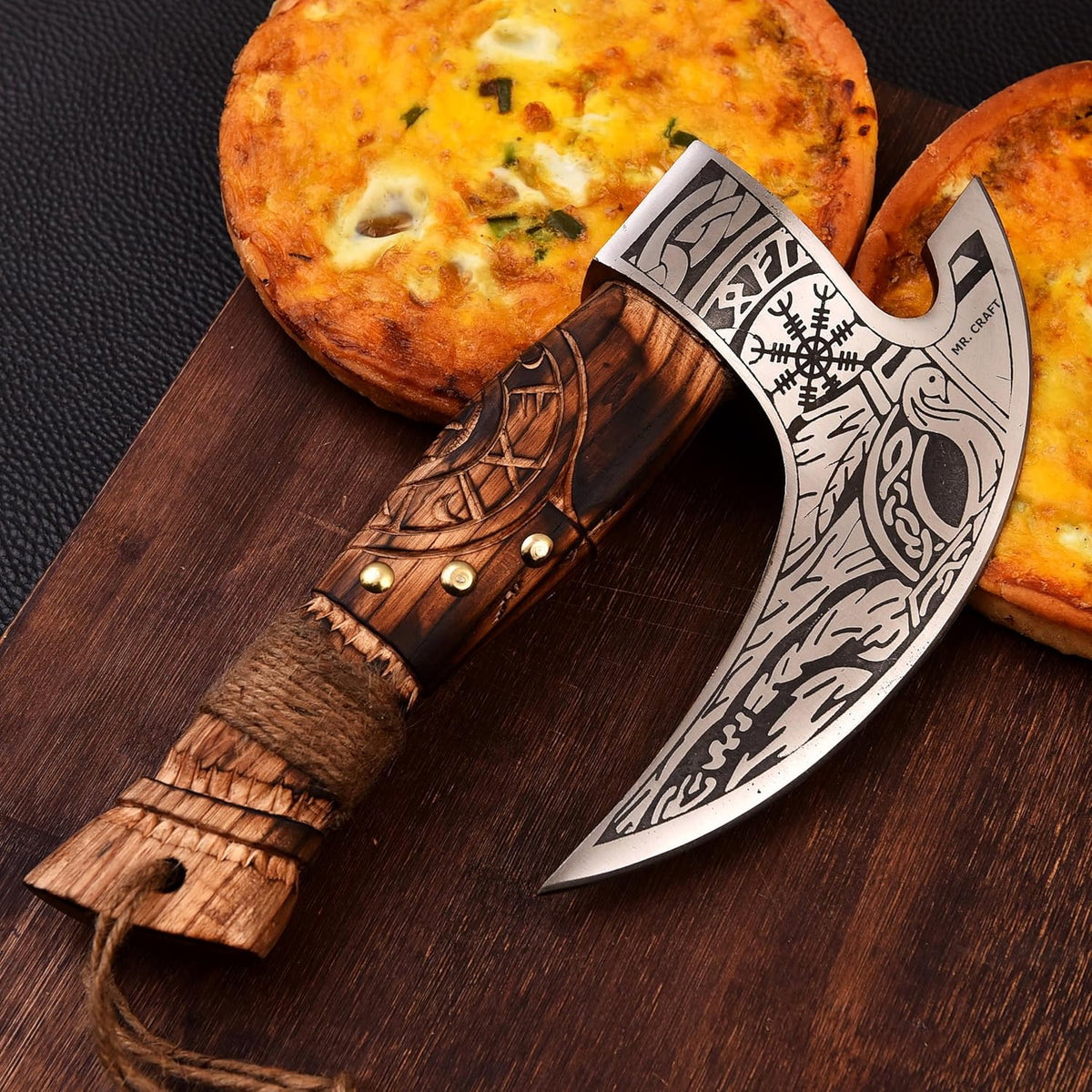 MR. CRAFT Pizza Cutter Axe Carbon Steel Slicer Chef Viking Axe with Leather Cover - Premium Pizza Oven Accessories Ulu Rocking Pizza Gifts for Men (Engraved Ash Wood)