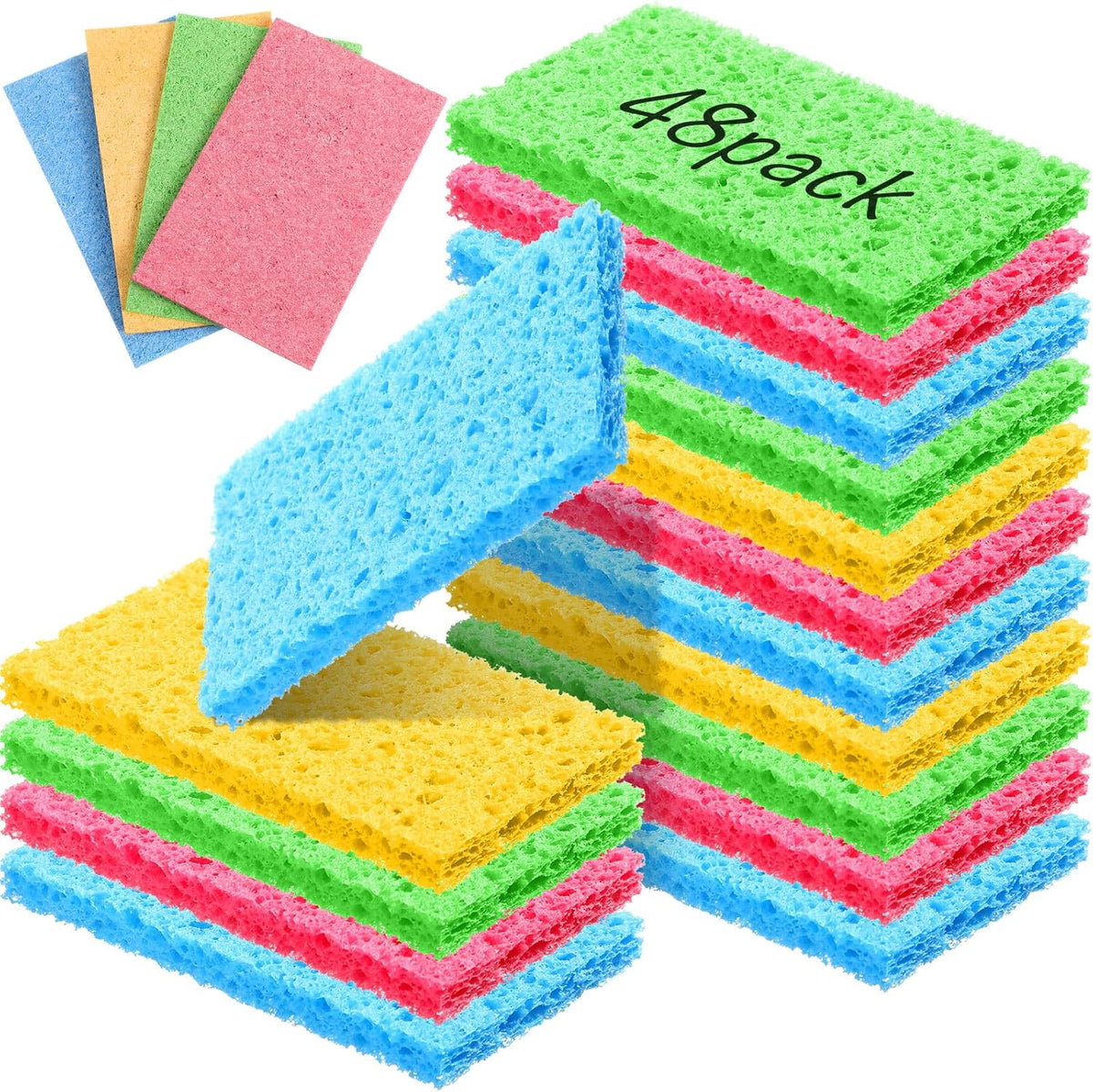 Zhengmy 48 Pieces Kitchen Sponge Bulk Natural Sponges for Dishes Compressed Wood Pulp Sponges Cleaning Sponge Without Scratching for Kitchen Bathroom, 3.9 x 2.4 x 0.12 Inch (Multicolor)