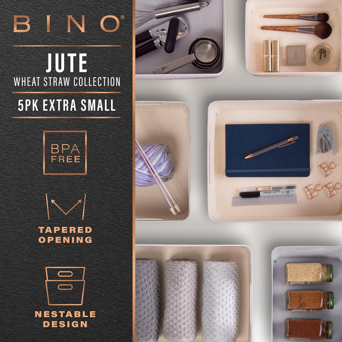 BINO | Woven Plastic Basket | XS (Natural), 5-Pack | THE JUTE COLLECTION | Home Organization, Space - Saving Storage, Stylish Design | Jute Basket | Plastic Storage Basket