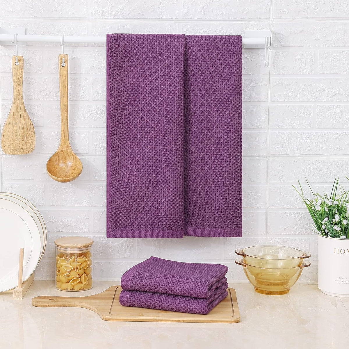 Kitinjoy 100% Cotton Waffle Weave Kitchen Towels, 4-Pack Super Soft and Absorbent Dish Towels for Drying Dishes, Kitchen Hand Towels, 13 in x 28 in, Violet