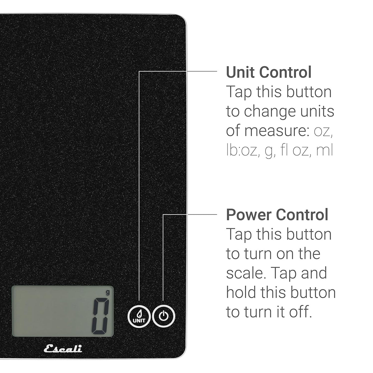 Escali Arti Glass Food Scale Digital Countertop Kitchen, Baking and Cooking Scale with Nutrition and Calorie Counter, 15-Pound Capacity, 9" x 6.5" x .75", Black