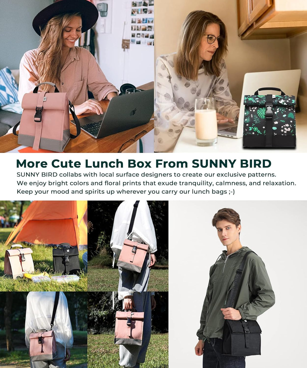 SUNNY BIRD Insulated Lunch Bag Rolltop Lunch Box Tote Bag for Women, Men, Adults and Teens (Floral & Foliage)