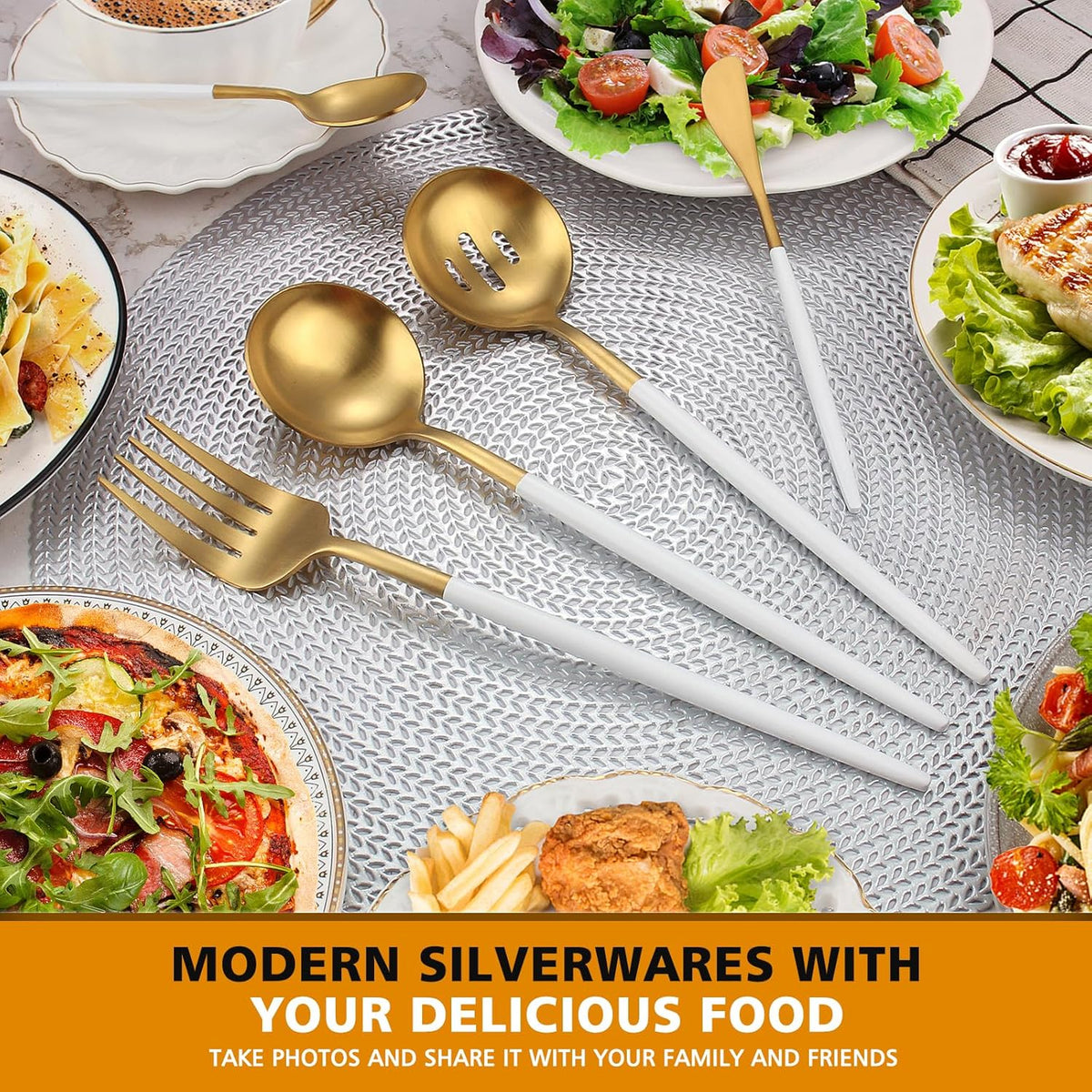 Matte Whitegold Serving Set，Oliviola 5-Piece Stainless Steel Large Hostess Set with Round Edge, Satin Finished, Dishwasher Safe -Large Spoon, Large Fork,Butter Knife，Sugar Spoon & Slotted Spoon