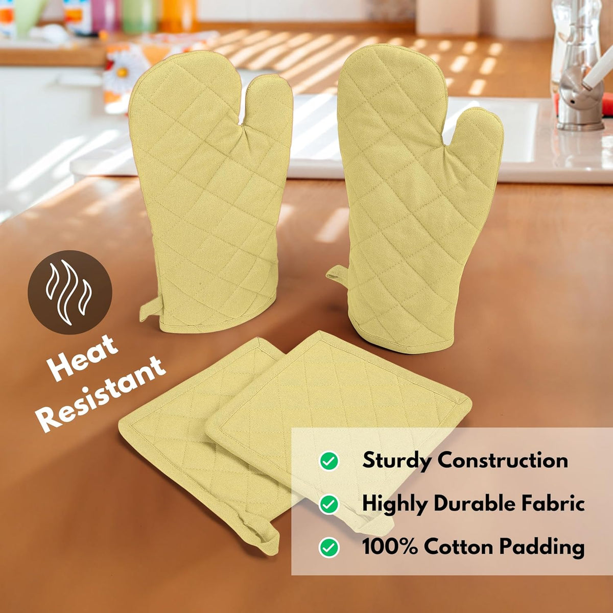 Native Fab 4 Piece Set - 2 Oven Mitts & 2 Potholders, Heat Resistant, 100% Cotton, Quilted Design, Non-Slip Grip, Machine Washable, Ideal for Baking, Cooking, BBQ, Kitchen Protection - Pale Yellow