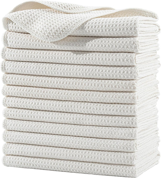POLYTE Premium Microfiber Kitchen Dish Hand Towel Waffle Weave 12 Pack (16x28 in, Off White)