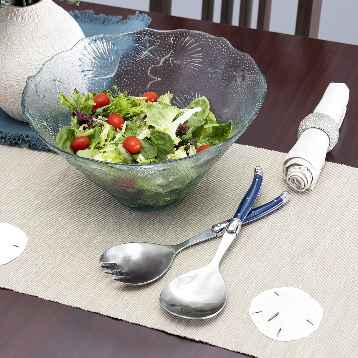 French Home Laguiole Connoisseur (Navy Blue) Salad Servers 2 Piece Set — Stainless Steel Flatware Set — Salad Serving Utensils — Silverware Set Spoon and Fork Set — Dining Utensils Set